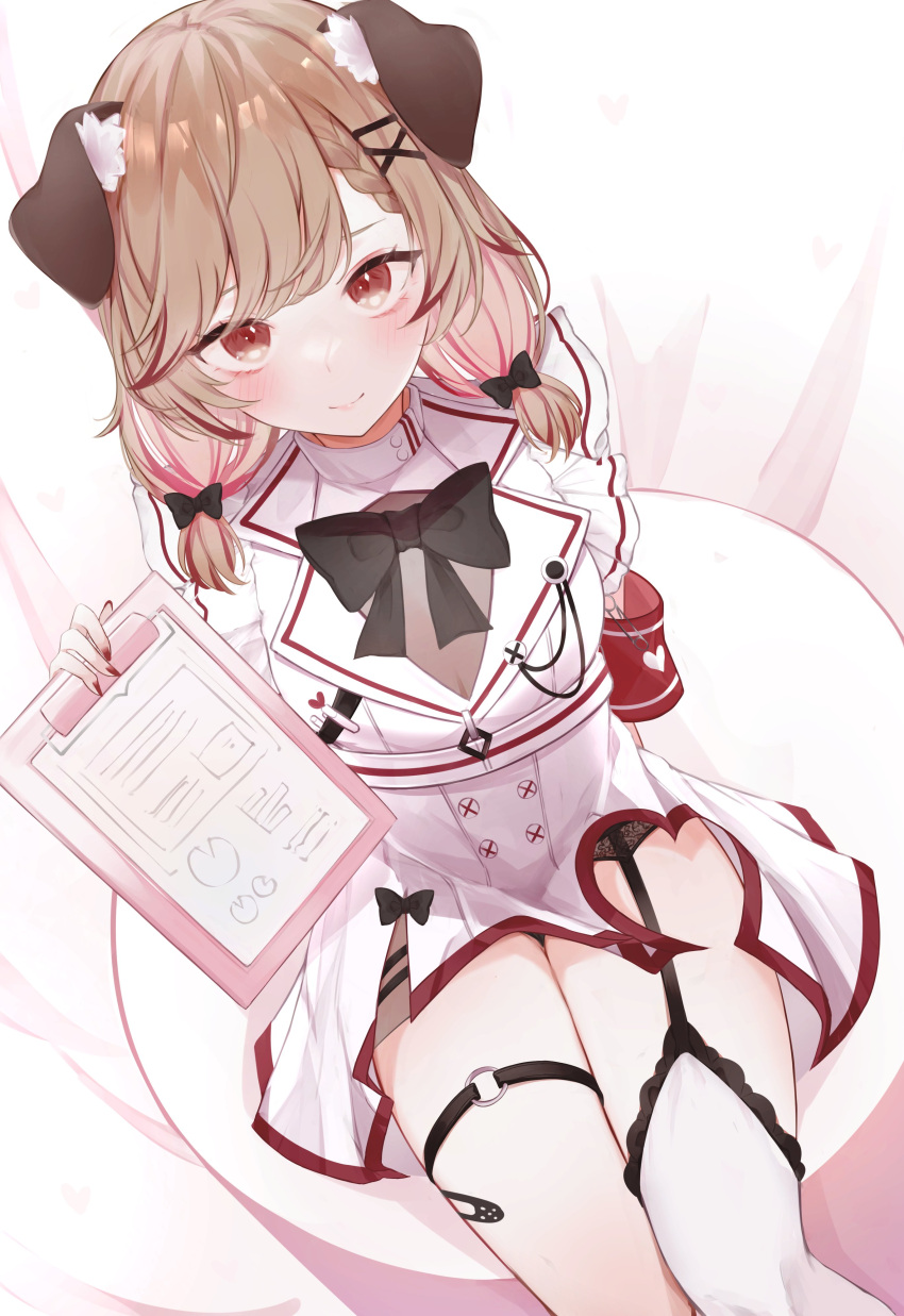 absurdres animal_ear_fluff animal_ears animare armband black_bow black_bowtie blush bobby_pin bow bowtie breasts brown_eyes brown_hair clipboard closed_mouth commentary dog_ears dog_girl dress feet_out_of_frame female floppy_ears garter_straps hairbow highres irisu-chan_(yumemiruk) looking_at_viewer medium_hair multicolored_hair nanashi_inc. nurse o-ring o-ring_thigh_strap red_hair seshima_rui single_thighhigh sitting small_breasts smile solo streaked_hair symbol-only_commentary thigh_strap thighhighs virtual_youtuber white_dress white_thighhighs