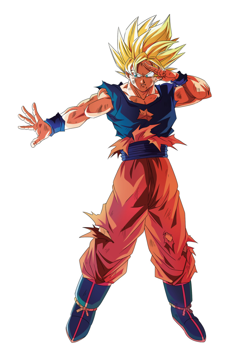 1boy blonde_hair blue_footwear blue_shirt derivative_work dougi dragon_ball dragon_ball_z green_eyes highres muscular orange_pants outstretched_arm pants saiyan salute shirt simple_background sleeveless sleeveless_shirt smile solo son_goku spiked_hair super_saiyan super_saiyan_1 torn_clothes white_background wrist_cuffs yuuri-622