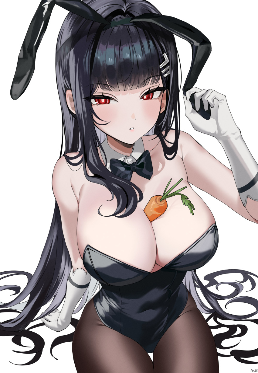 absurdres alternate_costume arm_support between_breasts black_hair black_leotard black_pantyhose blue_archive blush breasts bright_pupils carrot cleavage commentary_request detached_collar female gloves hair_intakes hair_ornament hairpin hand_up haze_(ohw8g) highres large_breasts leotard long_hair looking_at_viewer pantyhose red_eyes rio_(blue_archive) simple_background solo strapless strapless_leotard very_long_hair white_background white_gloves white_pupils