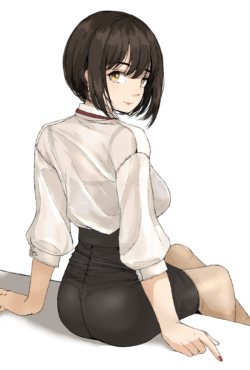 black_bra black_hair black_skirt bra bra_visible_through_clothes breasts female gatsby_ssl highres idolmaster idolmaster_cinderella_girls looking_at_viewer looking_back medium_breasts miniskirt office_lady pantylines pencil_skirt shirt shirt_tucked_in short_hair simple_background sitting skirt solo takafuji_kako underwear white_background white_shirt