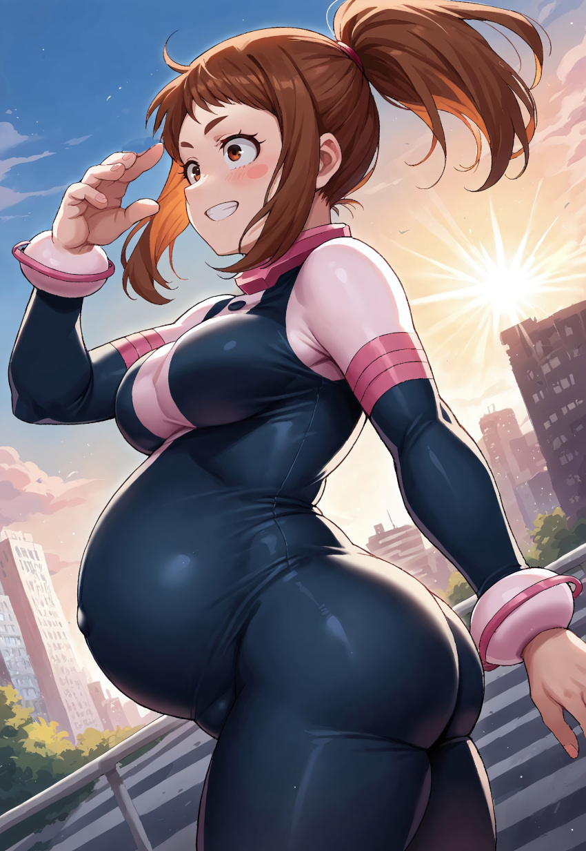 ai_generated big_belly big_breasts breasts my_hero_academia ochako_uraraka ochako_uraraka_(hero_outfit) pregnancy pregnant ready_to_pop uraraka_ochako uraraka_ochako_(hero_outfit)