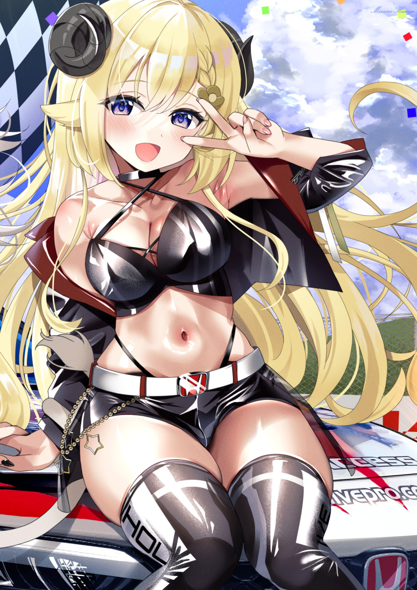 belt black_thighhighs blonde_hair blush breasts car checkered_flag cleavage curled_horns female flag front_zipper highleg highleg_panties highres hololive horns jacket jacket_partially_removed large_breasts long_hair looking_at_viewer midriff mizuno_kurage motor_vehicle navel on_car open_clothes open_jacket outdoors panties purple_eyes race_queen short_shorts shorts sitting smile solo thighhighs tsunomaki_watame underwear v virtual_youtuber white_belt