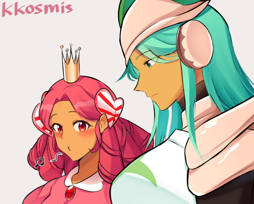 2girls androgynous armor blush breasts cookie_run crown dark-skinned_female dark_skin dress girl_staring_at_guy's_chest_(meme) green_eyes green_hair grey_background highres humanization knight kosmis long_hair looking_at_breasts meme multiple_girls musical_note pink_hair pistachio_cookie princess princess_cookie red_brooch red_eyes ringlets simple_background yuri