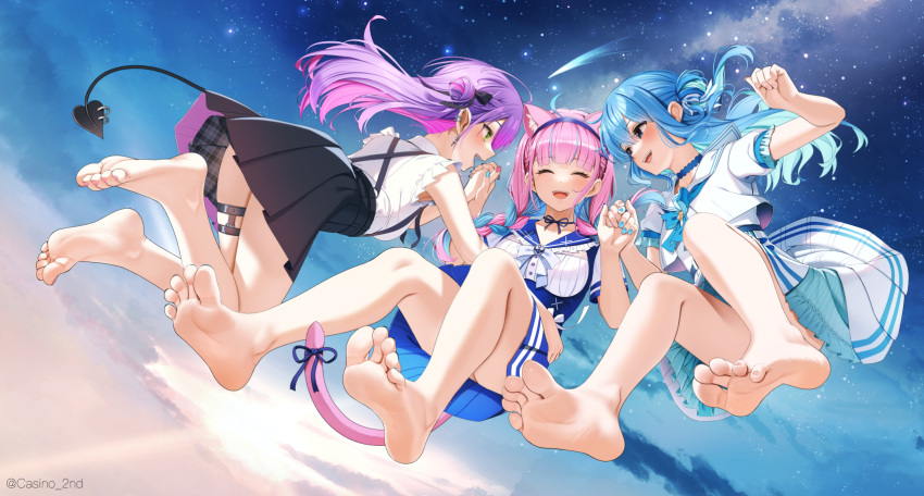 3girls :d animal_ears bare_legs barefoot black_skirt blue_hair blue_skirt casino_(casinoep) cat_ears cat_tail closed_eyes demon_tail feet foot_focus highres holding_hands hololive hoshimachi_suisei hoshimachi_suisei_(school_uniform) long_hair minato_aqua minato_aqua_(sailor) multiple_girls piercing pink_hair pleated_skirt purple_hair ribbon school_uniform shirt short_sleeves skirt sky smile star_(sky) starry_sky startend_(hololive) tail tail_ornament tail_piercing tail_ribbon thigh_strap tokoyami_towa tokoyami_towa_(jirai_kei) virtual_youtuber white_shirt white_skirt