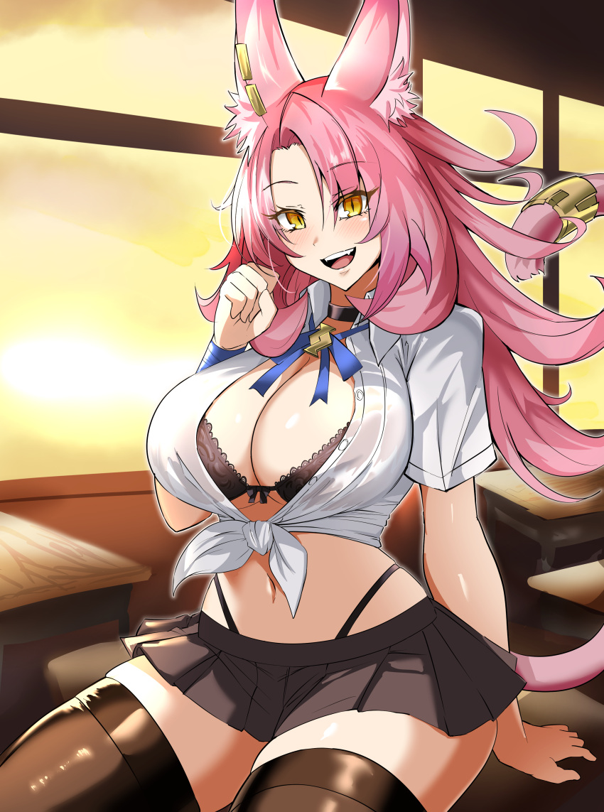 absurdres alternate_costume animal_ear_fluff animal_ears breasts cat_ears cleavage desk duel_monster female highres large_breasts long_hair midriff miniskirt navel on_desk open_mouth pink_hair shirt skirt solo synchroman tail tail_ornament tail_ring thighhighs tied_shirt tri-brigade_ferrijit_the_barren_blossom yellow_eyes yu-gi-oh!