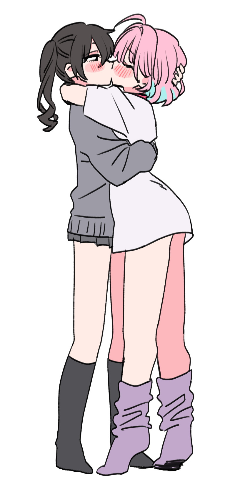 2girls absurdres ahoge aqua_hair black_eyes blush brown_hair choker closed_eyes grey_jacket grey_skirt grey_socks hand_on_another's_head highres hug idolmaster idolmaster_cinderella_girls idolmaster_cinderella_girls_starlight_stage jacket kissing leg_warmers long_hair long_sleeves medium_hair multicolored_hair multiple_girls no_pants no_shoes pink_choker pink_hair pink_leg_warmers pleated_skirt shirt short_sleeves simple_background skirt socks sukoyaka_(100hituzi) sunazuka_akira t-shirt thighs tiptoes twintails two-tone_hair white_background white_shirt yumemi_riamu yuri