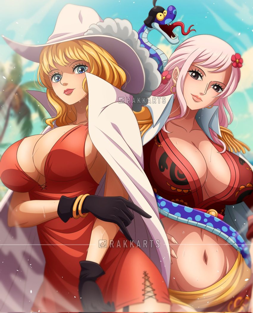 2girls aged_down black_gloves blonde_hair blue_eyes blue_sky bracelet breasts brown_eyes buckingham_stussy cape cleavage closed_mouth cloud cloudy_sky crop_top cross-laced_clothes cross-laced_dress dress earrings english_commentary epaulettes flower gloriosa_(one_piece) gloves hair_flower hair_ornament hat hat_feather highres jewelry large_breasts lips lipstick long_hair looking_at_viewer makeup mature_female multiple_girls navel one_piece palm_tree rakara11_(rakkarts) red_dress short_hair sideboob sky smile snake tree white_cape white_hair