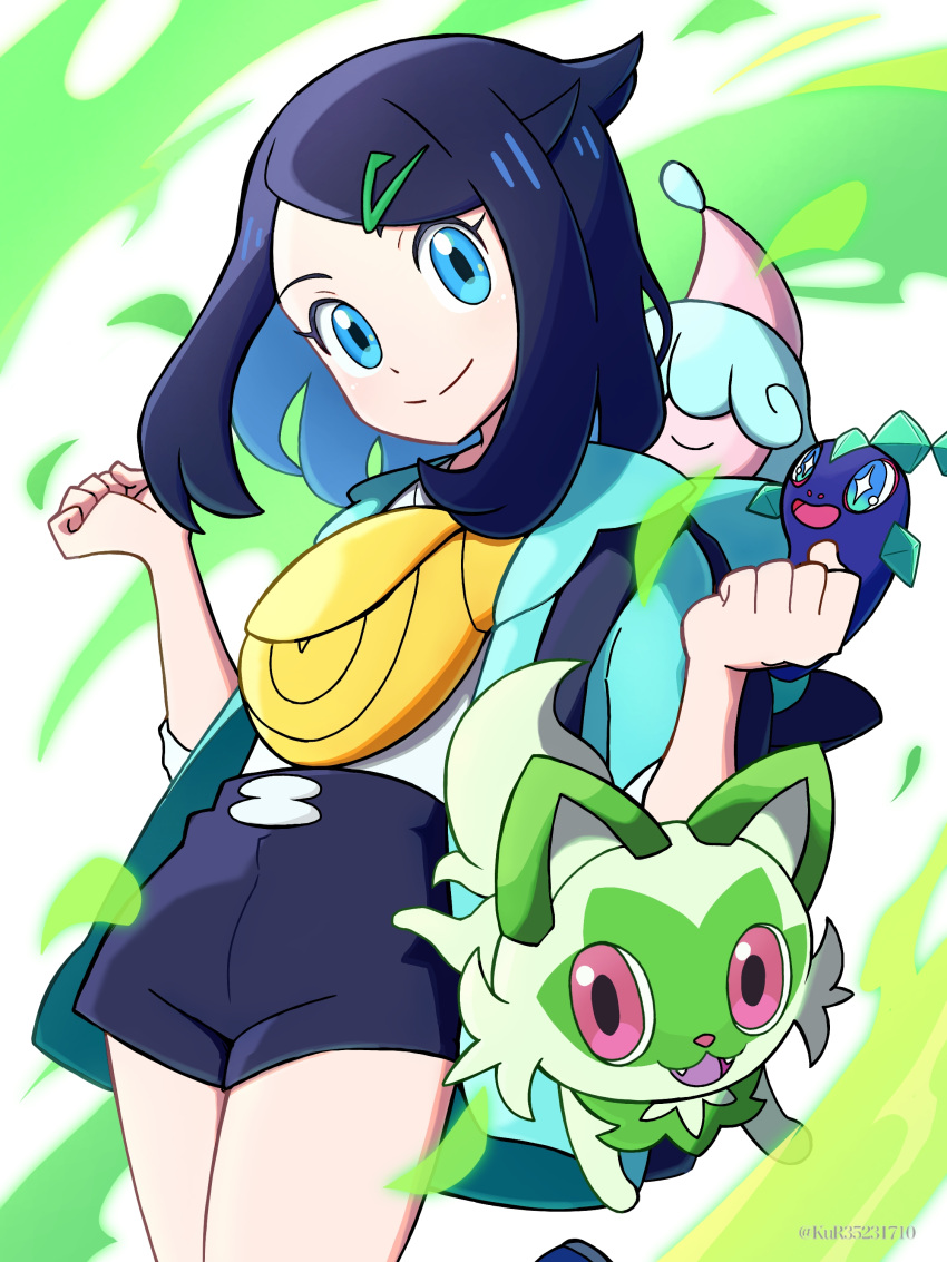 absurdres aqua_eyes aruke_(gter7727) black_hair black_shorts closed_mouth commentary_request cowlick eyelashes falling_leaves female green_jacket hair_ornament hairclip hatenna highres hood_basket jacket leaf liko_(pokemon) looking_down open_clothes open_jacket pokemon pokemon_(anime) pokemon_(creature) pokemon_horizons shirt shorts smile split_mouth sprigatito terapagos terapagos_(normal) white_background white_shirt yellow_bag