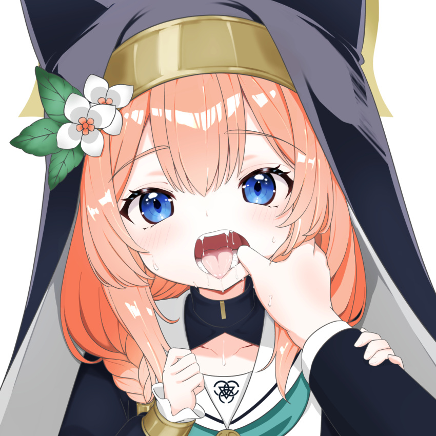 1other animal_ear_headwear black_headwear blue_archive blue_eyes blush braid coif collarbone drooling fangs female finger_in_another's_mouth flower habit hand_on_another's_arm hat hat_flower highres long_hair looking_at_viewer mari_(blue_archive) mutsuse nun open_mouth orange_hair pov pov_hands sailor_collar saliva side_braid simple_background solo_focus sweat teeth tongue tongue_out upper_body white_background white_flower white_sailor_collar