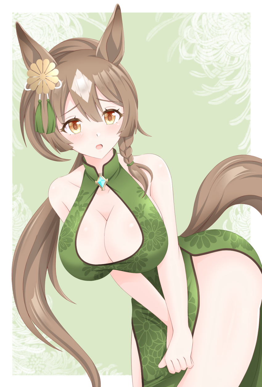 alternate_costume animal_ears border braid breasts brown_hair china_dress chinese_clothes cleavage_cutout clothing_cutout commentary_request cowboy_shot dress dress_tug ear_ornament embarrassed female green_background green_dress gurukorian hair_between_eyes highres horse_ears horse_girl horse_tail long_hair multicolored_hair ponytail satono_diamond_(umamusume) simple_background single_braid sleeveless sleeveless_dress solo streaked_hair tail umamusume very_long_hair white_border white_hair yellow_eyes