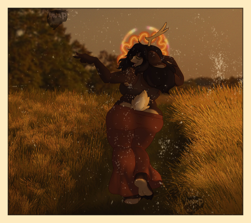 absurd_res alternative_fashion anthro ass big_butt border braindeadkara clothing deer female hi_res hippie humanoid lilac_(braindeadkara) mammal nature nature_background psychedelic solo tail thick_thighs yellow_border