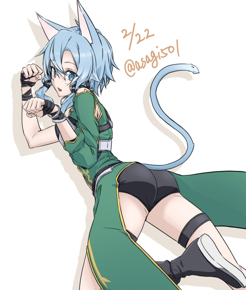 animal_ears artist_name asagi501 ass black_shorts blue_eyes blue_hair cat_day cat_ears cat_girl cat_tail dated dress female green_dress hair_between_eyes highres looking_at_viewer looking_back open_mouth paw_pose shadow short_shorts shorts sinon sinon_(sao-alo) slit_pupils solo sword_art_online tail twitter_username white_background