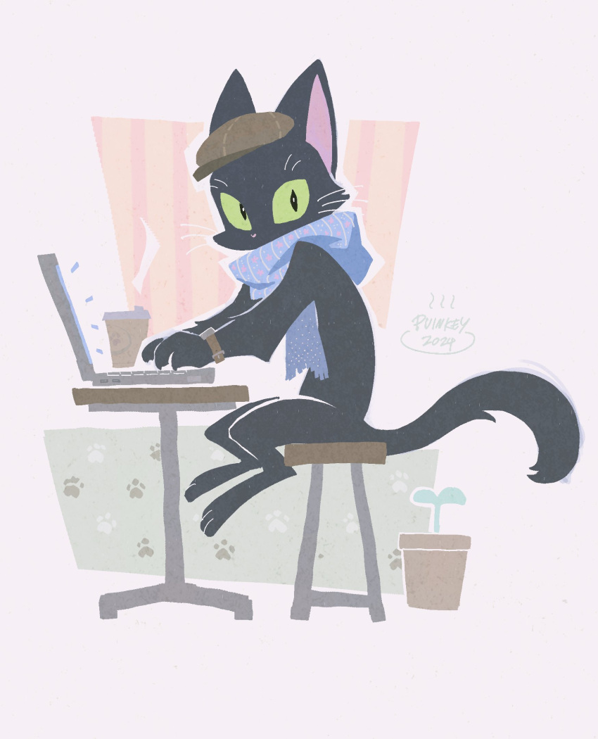 anthro biped black_body black_fur clothing computer domestic_cat electronics felid feline felis fur furniture green_eyes hat headgear headwear hi_res laptop male mammal plant puinkey_(artist) scarf sitting solo stool tail whiskers