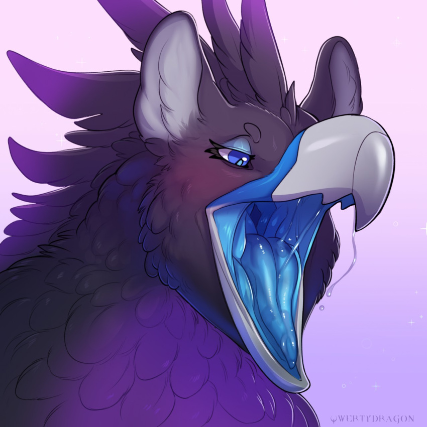 ambiguous_gender avian beak black_body black_fur blue_eyes blue_flesh blue_insides blue_mouth blue_tongue bodily_fluids feathers feral fur gaping_mouth gradient_background gryphon hi_res mouth_shot mythological_avian mythological_creature mythology open_beak open_mouth purple_body purple_fur qwertydragon rein_(amaterasu1) saliva saliva_on_tongue saliva_string signature simple_background solo tongue