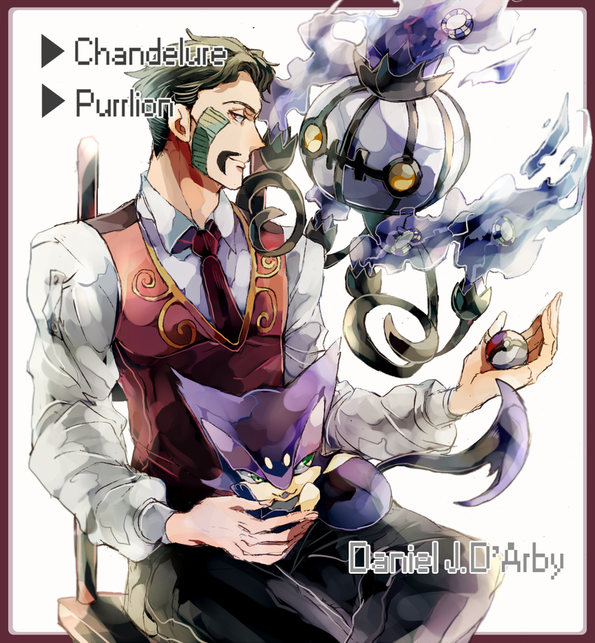 1boy bad_id bad_pixiv_id chandelure character_name crossover daniel_j._d'arby holding holding_poke_ball jojo_no_kimyou_na_bouken manoko poke_ball poke_ball_(basic) pokemon pokemon_(creature) purrloin stardust_crusaders