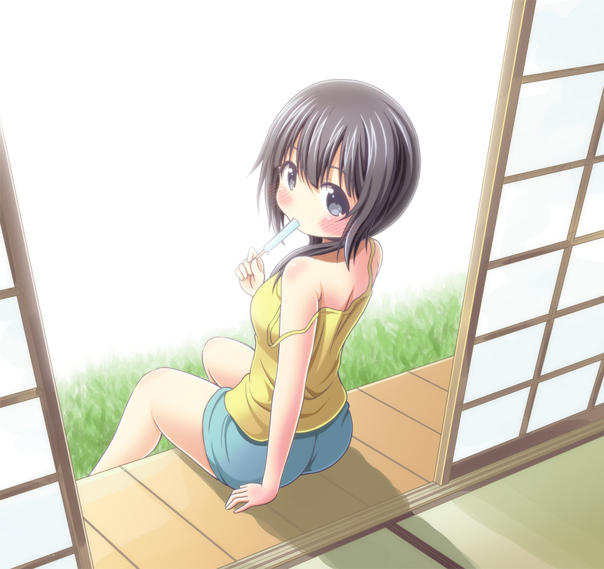 aiura arm_support bare_shoulders black_eyes black_hair blue_shorts blush camisole commentary_request eating female food long_hair looking_at_viewer looking_back low_twintails osaji0909 popsicle shorts sitting solo strap_slip twintails uehara_ayuko