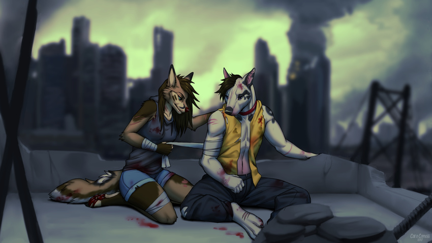 anthro barefoot black_hair brown_hair canid canine canis clothed clothing detailed_background digitigrade domestic_dog duo feet female german_shepherd hair herding_dog kero_tzuki kneeling male mammal pastoral_dog zempy