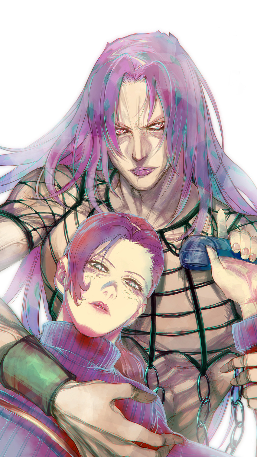 2boys absurdres airon_(ironboy1203) commentary_request diavolo freckles highres jojo_no_kimyou_na_bouken long_hair multiple_boys photoshop_(medium) ponytail purple_hair vinegar_doppio yellow_eyes