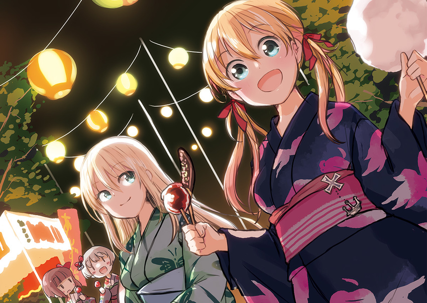 4girls :d alternate_costume anchor banana_popsicle banner bismarck_(kancolle) blonde_hair blue_eyes blush brown_hair candy_apple chocolate_banana commentary_request cotton_candy dutch_angle festival food grey_hair hair_between_eyes hair_ornament hair_ribbon holding holding_food japanese_clothes kantai_collection kimono lantern long_hair looking_at_another looking_at_viewer market_stall multiple_girls night nobori obi open_mouth outdoors paper_lantern prinz_eugen_(kancolle) red_ribbon ribbon sash shinryou_rei short_hair smile sprinkles sweets tree twintails yukata z1_leberecht_maass_(kancolle) z3_max_schultz_(kancolle)