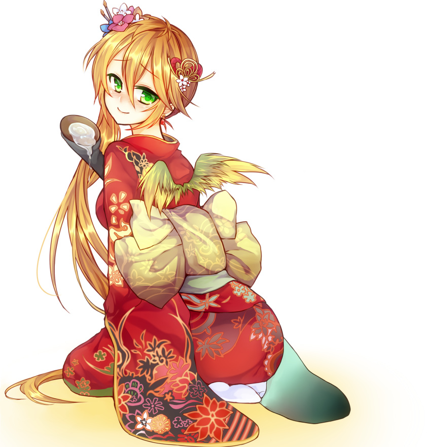 bird_wings blush commentary_request cup female flower gloves green_eyes hair_flower hair_ornament highres japanese_clothes kanataww kimono leilan_(p&d) long_hair looking_back orange_hair puzzle_&_dragons sakazuki side_ponytail sitting smile solo wariza wings