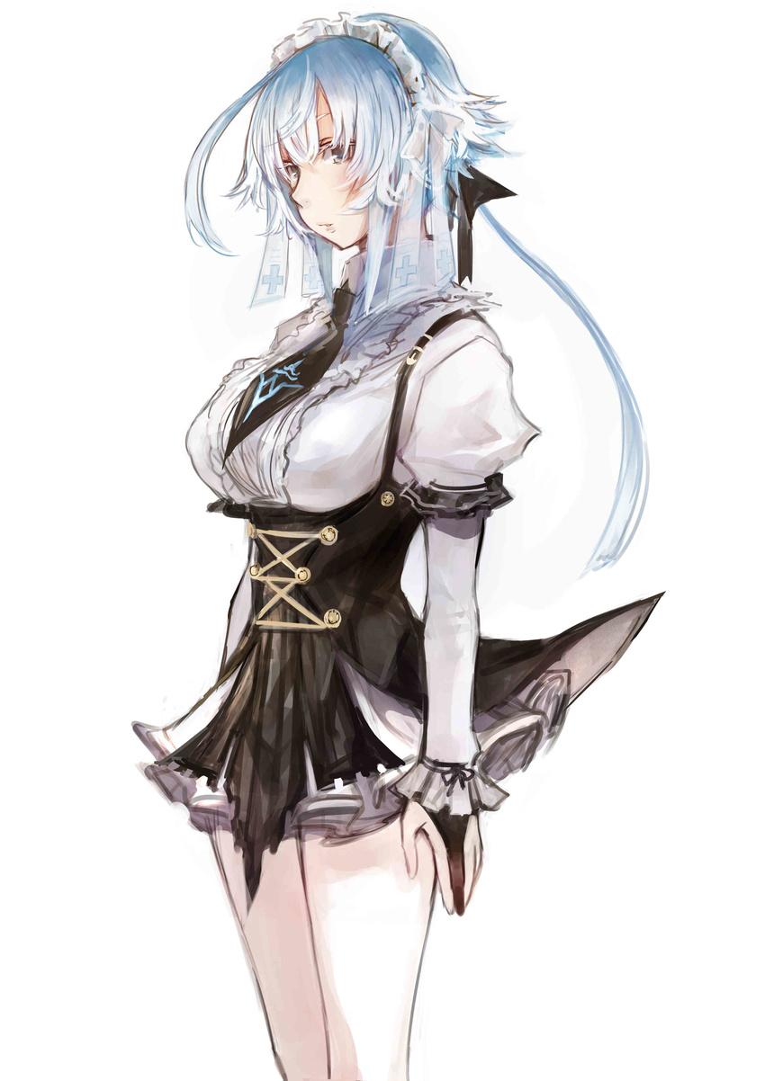 absurdres blue_hair commentary_request female grey_eyes highres maid maid_headdress original ricci simple_background solo white_background