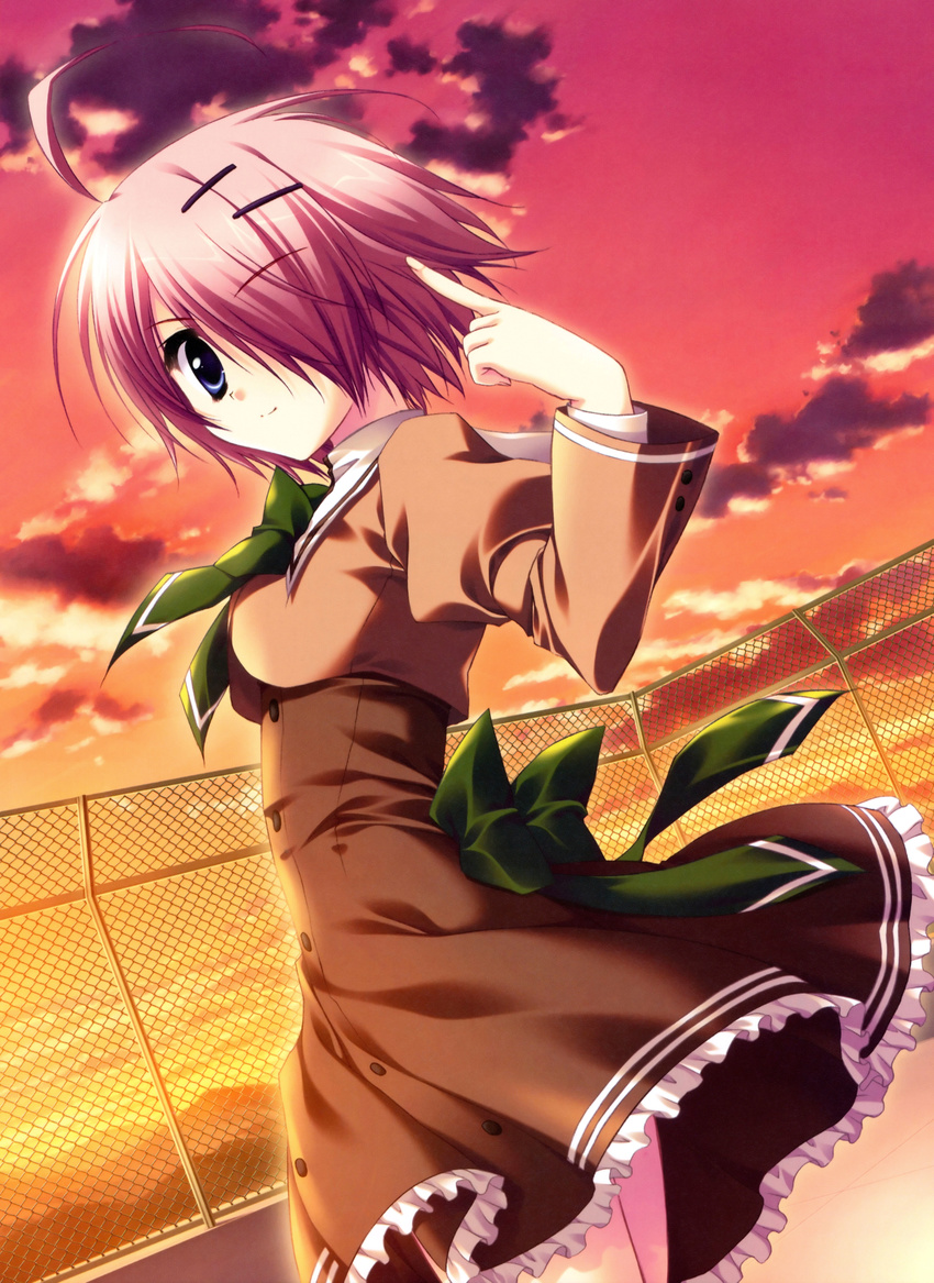 absurdres akane-iro_ni_somaru_saka blue_eyes chain-link_fence female fence hair_ornament hair_over_one_eye hairclip highres photoshop_(medium) pink_hair scan school_uniform shiraishi_nagomi short_hair sunset