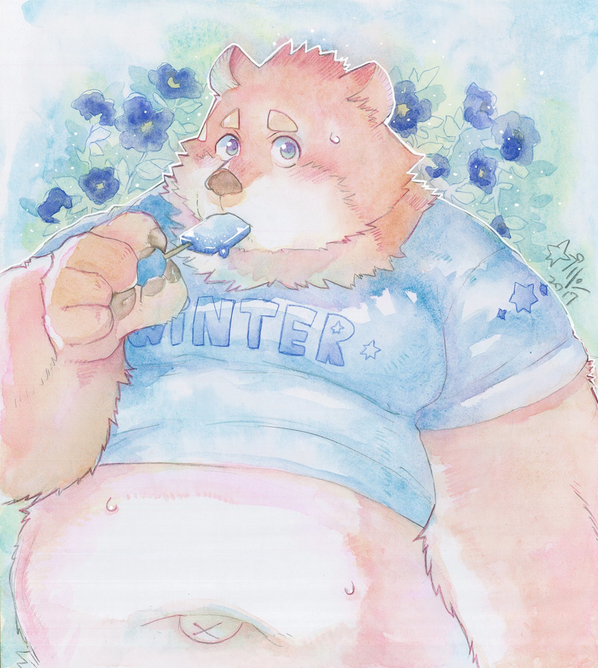 anthro bear belly clothing dessert food hi_res ice_cream jambavan_(tas) kemono lifewonders male mammal midriff navel obese obese_anthro obese_male outie_navel overweight overweight_anthro overweight_male shirt solo star_parlor tokyo_afterschool_summoners topwear traditional_media_(artwork)