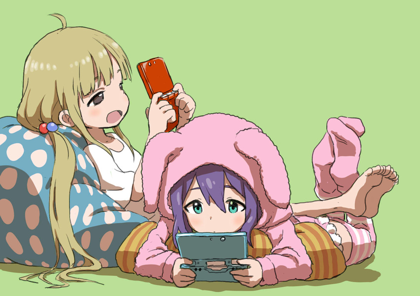 2girls ahoge aqua_eyes barefoot bean_bag_chair beanie black_eyes blonde_hair blush brown_eyes commentary_request cushion feet futaba_anzu green_background hair_bobbles hair_ornament handheld_game_console hat idolmaster idolmaster_cinderella_girls idolmaster_million_live! legs_on_another's_back legs_together legs_up long_hair low_twintails lying mochizuki_anna multiple_girls nintendo_ds no_shoes on_back on_stomach open_mouth playing_games polka_dot purple_hair rabbit_pajamas reclining simple_background striped_clothes striped_thighhighs the_pose thighhighs twintails yamamoto_souichirou