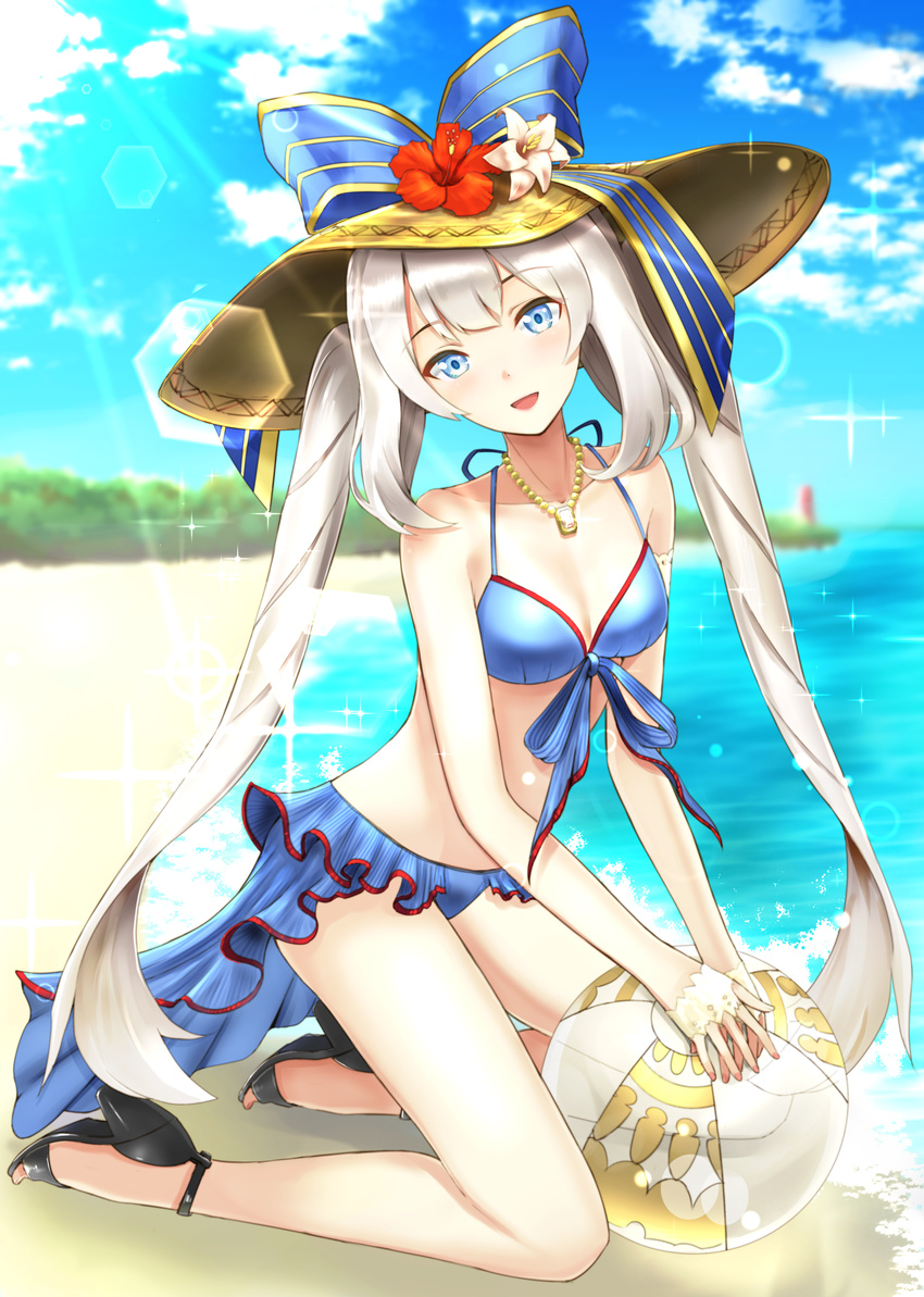 absurdres bad_id bad_pixiv_id ball beach beachball bikini blue_bikini blue_bow blue_eyes blue_ribbon blush bow breasts cleavage commentary_request day fate/grand_order fate_(series) female hat hat_bow high_heels highres holding holding_ball long_hair looking_at_viewer marie_antoinette_(fate) marie_antoinette_(swimsuit_caster)_(fate) marie_antoinette_(swimsuit_caster)_(third_ascension)_(fate) outdoors ribbon sandals seiza sitting smile solo swimsuit telaform twintails water white_hair