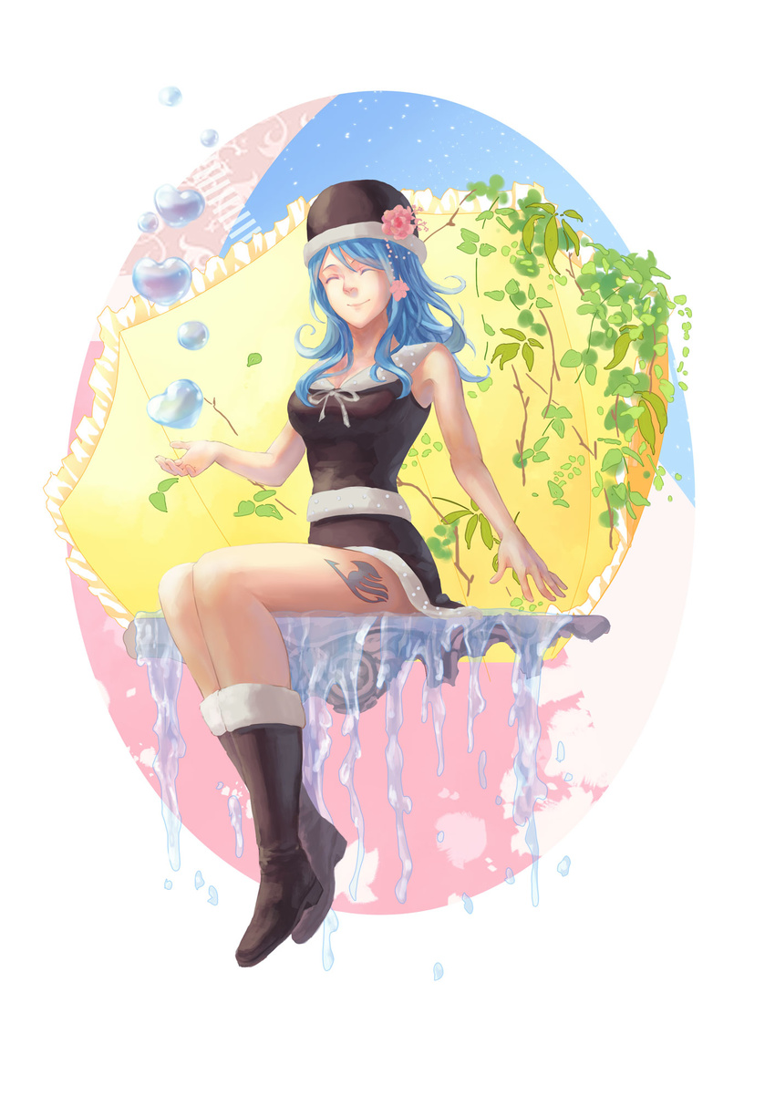 black_footwear blue_hair boots breasts bubble cleavage closed_eyes commentary english_commentary fairy_tail female flower folie_(cac82622) fur_boots hair_flower hair_ornament hat heart_bubbles highres ivy juvia_lockser medium_breasts plant sitting smile solo tattoo