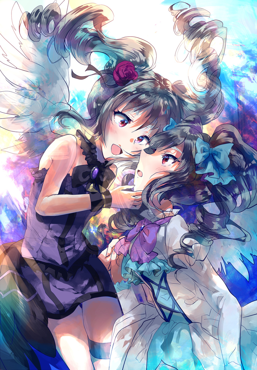 2girls absurdres angel_wings bare_shoulders commentary_request drill_hair dual_persona feathered_wings feathers grey_hair highres hoshika_ranoe idolmaster idolmaster_cinderella_girls kanzaki_ranko long_hair multiple_girls open_mouth red_eyes rosenburg_engel_(idolmaster) selfcest twin_drills twintails wings yuri