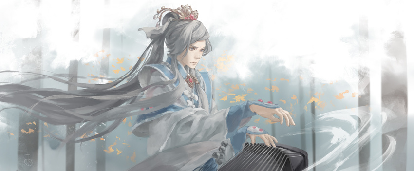 1boy character_request chinese_clothes chinese_commentary commentary_request facial_mark floating_hair folie_(cac82622) forehead_mark grey_eyes grey_hair guzheng hair_tie hanfu highres instrument leaf long_hair male_focus multiple_tails music outstretched_arm pili_budaixi playing_instrument robe solo tail tiara very_long_hair wind