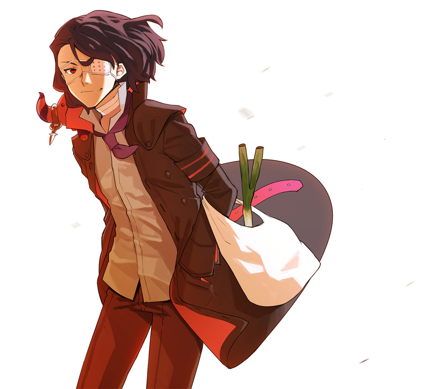 1boy asselin_bb_ii bag bandages coat commentary_request eyepatch hands_in_pockets idolmaster idolmaster_side-m male_focus open_clothes open_coat photoshop_(medium) plastic_bag red_eyes satan_(idolmaster) shopping_bag solo spring_onion stuffed_toy tsurusaki_yuu wavy_hair