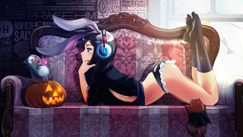 animal_ears ass black_hair blue_eyes bunny_ears couch female halloween headphones jack_o_lantern on_bed panties relaxed relaxing smile solo stockings underwear