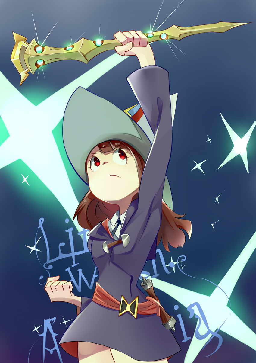 absurdres brown_hair commentary_request copyright_name english_text female hat highres kagari_atsuko little_witch_academia long_hair red_eyes shiny_rod_(little_witch_academia) shirowa solo wand witch witch_hat