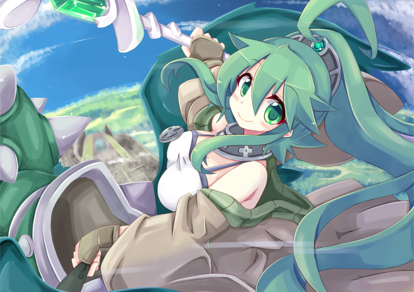 bare_shoulders breasts cleavage commentary_request duel_monster female fingerless_gloves gloves green_eyes green_hair hair_ornament highres jacket jewelry long_hair looking_at_viewer medium_breasts nanashino_(nanasino101) photoshop_(medium) ponytail smile staff winda_(yu-gi-oh!) winda_priestess_of_gusto yu-gi-oh!