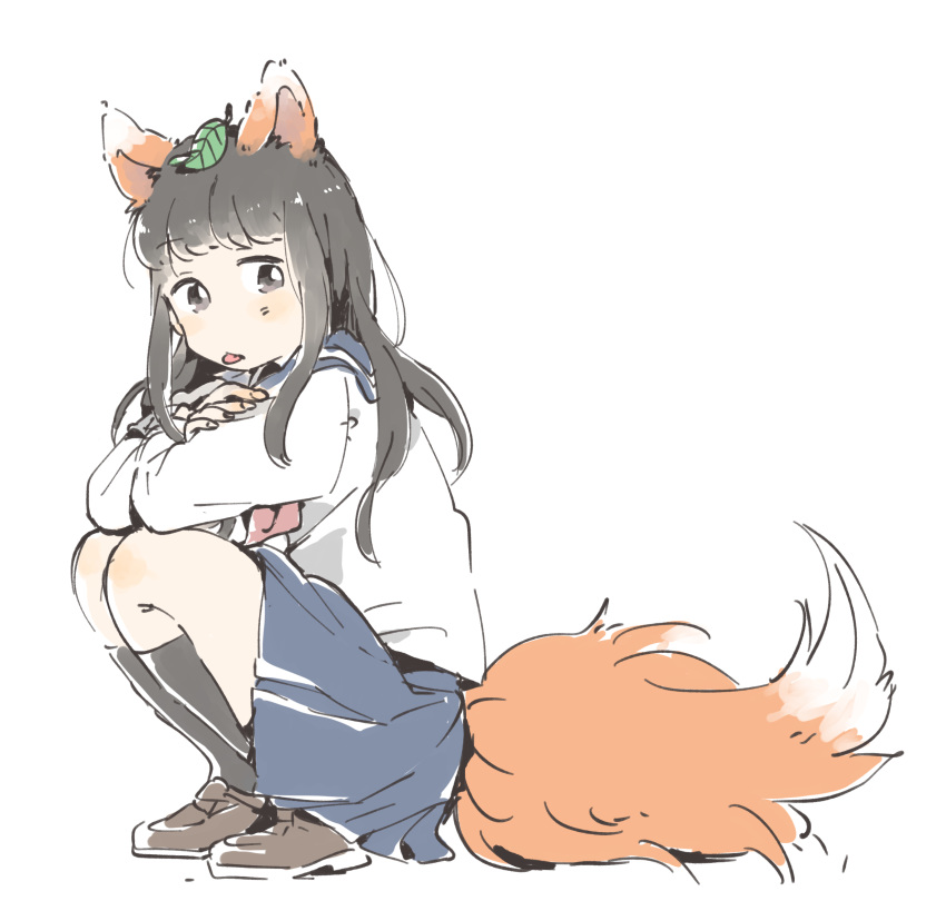 animal_ears black_eyes black_hair black_socks blue_skirt brown_footwear commentary_request crossed_arms elbows_on_knees female fox_ears fox_girl fox_tail highres kneehighs leaf leaf_on_head loafers long_hair natsutaro_(sss_stn) original red_neckwear school_uniform serafuku shoes simple_background skirt socks solo squatting tail tongue tongue_out white_background