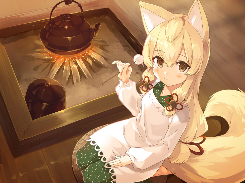 animal_ears apron ayakashi_kyoushuutan blonde_hair blush brown_eyes burning closed_mouth cura female fire firewood fox_ears fox_girl fox_tail from_above green_kimono hair_between_eyes hair_ribbon hand_up highres holding indoors irori_(hearth) japanese_clothes kappougi kimono lap_pillow_invitation long_hair long_sleeves looking_at_viewer looking_up mimikaki non-web_source okon_(whisp) puffy_long_sleeves puffy_sleeves red_ribbon ribbon seiza sitting smile solo tail teapot very_long_hair white_apron wooden_floor