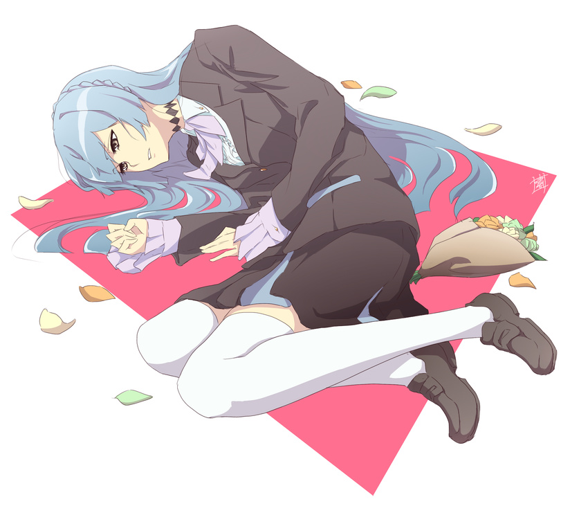 blue_hair bouquet brown_eyes commentary_request female flower highres jacket kiznaiver loafers long_hair lying on_side parted_lips shao_(newton) shoes solo sonozaki_noriko thighhighs white_thighhighs