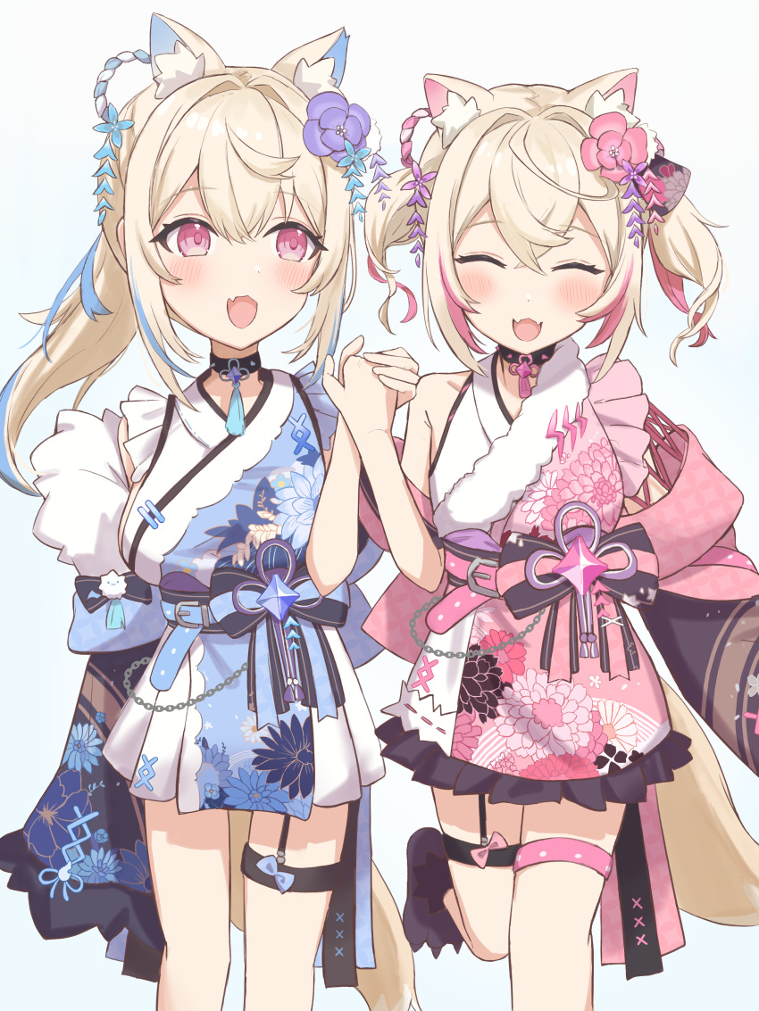 2girls absurdres animal_ear_fluff animal_ears belt black_collar black_sash blonde_hair blue_belt blue_hair blue_kimono blush breasts closed_eyes collar dog_ears dog_girl dog_tail fangs floral_print_kimono flower fuwawa_abyssgard fuwawa_abyssgard_(new_year) hair_flower hair_ornament highres holding_hands hololive hololive_english japanese_clothes kimono large_breasts long_hair looking_at_viewer medium_hair mococo_abyssgard mococo_abyssgard_(new_year) multicolored_hair multiple_girls nekomotowata obi oerba_yun_fang official_alternate_costume open_mouth pink_belt pink_eyes pink_hair pink_kimono ponytail sash short_kimono siblings sisters skin_fang skin_fangs small_breasts spiked_collar spikes streaked_hair tail thigh_strap twins twintails virtual_youtuber white_background