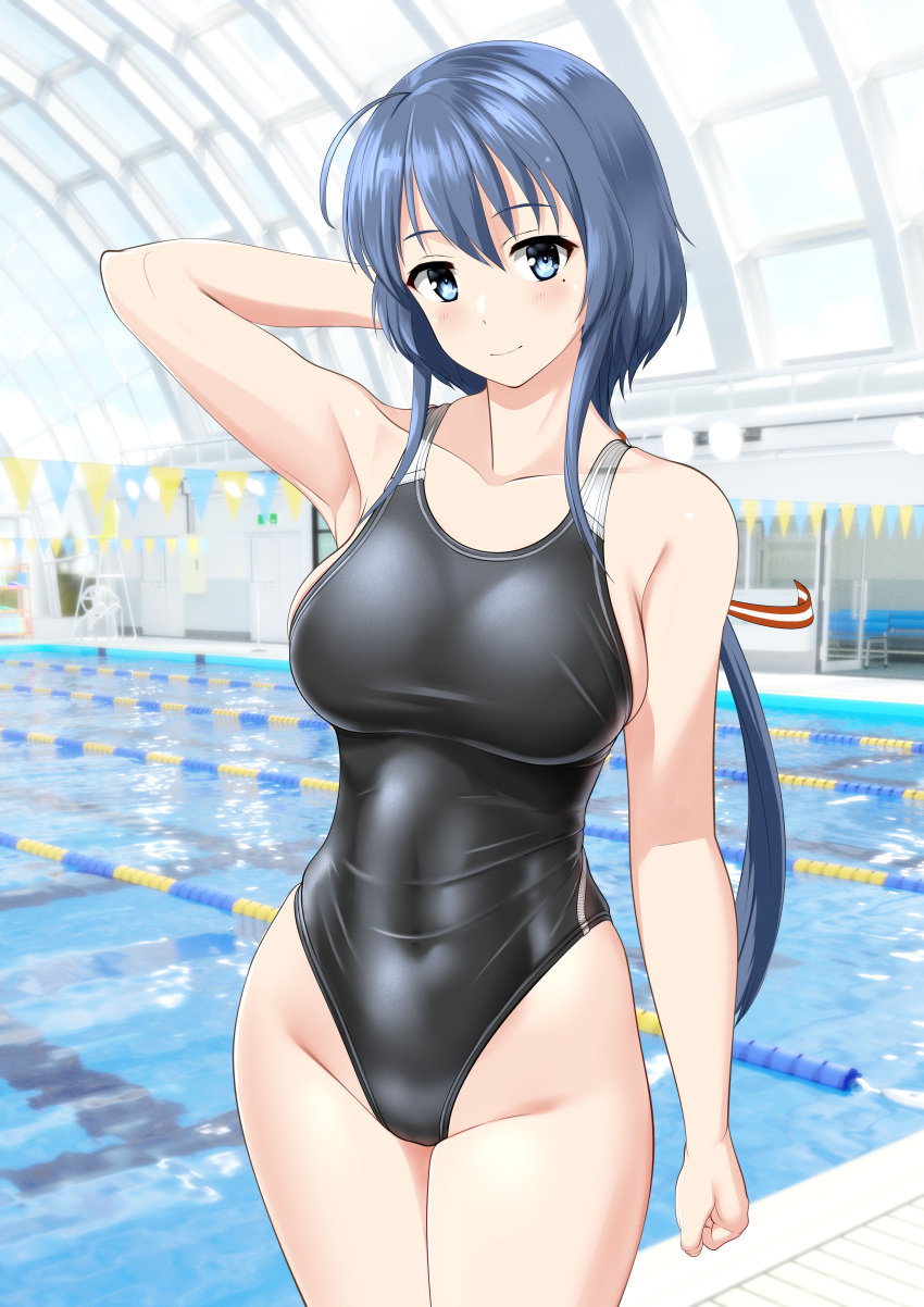 absurdres ahoge arm_behind_head black_one-piece_swimsuit blue_hair breasts collarbone commentary_request competition_swimsuit covered_navel cowboy_shot female green_eyes highleg highleg_swimsuit highres indoors large_breasts long_hair low_ponytail one-piece_swimsuit pool poolside setouchi_chie solo standing string_of_flags swimsuit takafumi toji_no_miko two-tone_swimsuit variant_set