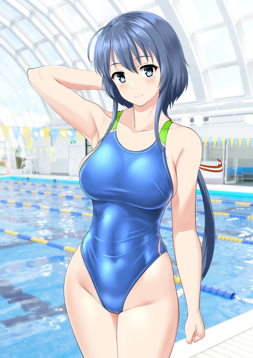 absurdres ahoge arm_behind_head blue_hair blue_one-piece_swimsuit breasts collarbone commentary_request competition_swimsuit covered_navel cowboy_shot female green_eyes highleg highleg_swimsuit highres indoors large_breasts long_hair low_ponytail one-piece_swimsuit pool poolside setouchi_chie solo standing string_of_flags swimsuit takafumi toji_no_miko two-tone_swimsuit variant_set