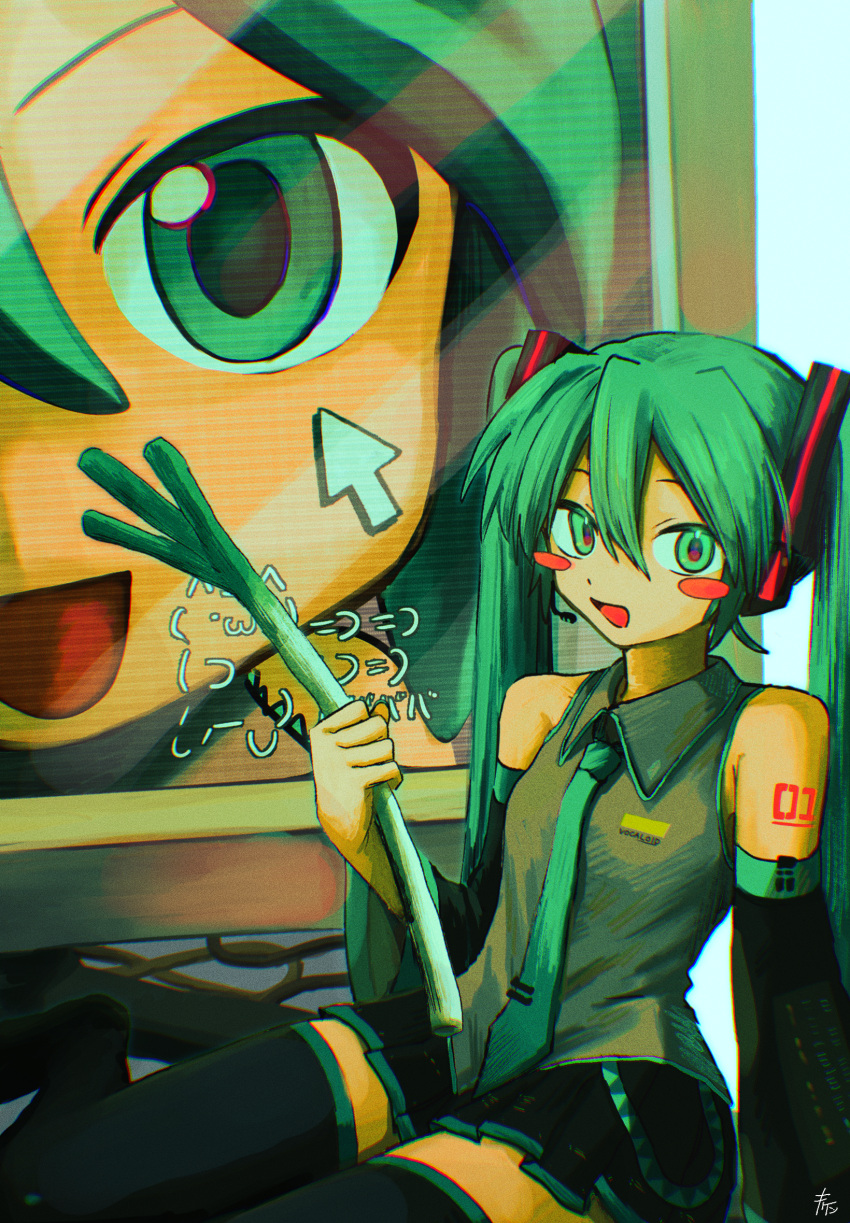 2girls arm_support black_footwear black_skirt black_sleeves blush_stickers boots collared_shirt cursor detached_sleeves dual_persona food green_eyes green_hair green_necktie grey_shirt hair_between_eyes hair_ornament hand_up hatsune_miku headset highres holding holding_food holding_spring_onion holding_vegetable kaomoji long_hair looking_at_viewer mikudayoo miniskirt monitor multiple_girls necktie number_tattoo open_mouth pleated_skirt scanlines shirt shoulder_tattoo signature sitting skirt sleeveless sleeveless_shirt smile spring_onion suuno_kamibukuro tattoo thigh_boots twintails vegetable vocaloid yokozuwari