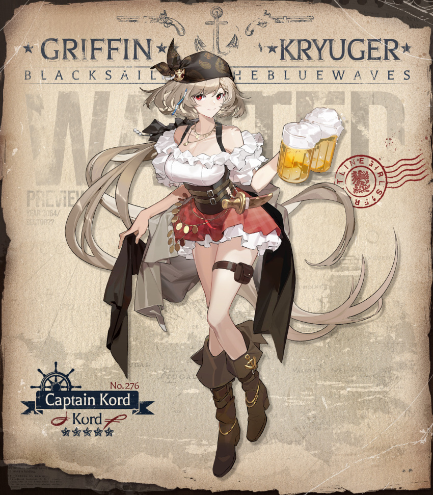 alcohol anchor_ornament bandana beer beer_mug black_bandana black_ribbon boots breasts brown_corset brown_footwear brown_hair character_name closed_mouth commentary copyright_name corset cup dagger dirndl english_commentary female full_body german_clothes girls'_frontline hair_ribbon high_heel_boots high_heels highres holding holding_cup jewelry knife kord_(captain_kord)_(girls'_frontline) kord_(girls'_frontline) large_breasts light_brown_hair long_hair looking_at_viewer mug necklace off-shoulder_shirt off_shoulder official_alternate_costume official_art plaid plaid_skirt poster_(object) pouch red_eyes red_skirt ribbon second-party_source sheath shirt skirt smile solo stamp_mark standing star_(symbol) thigh_pouch umo_(mica_team) very_long_hair wanted weapon