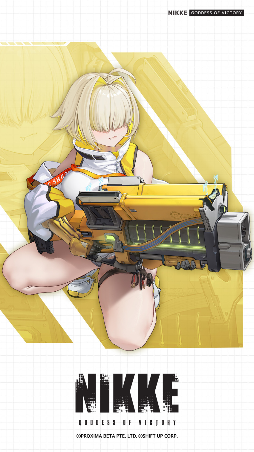 :3 ahoge artist_request blonde_hair boomstick_(nikke) breasts closed_mouth colored_inner_hair doom_(series) elegg_(nikke) fang_out female full_body goddess_of_victory:_nikke grid_background gun hair_intakes hair_over_eyes highres holding holding_gun holding_weapon jacket jam_(nandade) large_breasts medium_hair multicolored_hair oerba_yun_fang official_art shoes shorts smile sneakers solo squatting thick_thighs thigh_strap thighs weapon white_footwear white_jacket