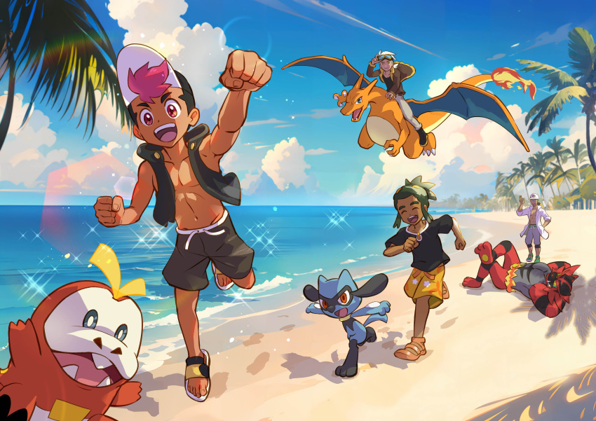 4boys :d absurdres black_shirt black_vest charizard closed_eyes cloud commentary_request dark-skinned_male dark_skin day friede_(pokemon) fuecoco hau_(pokemon) highres incineroar kukui_(pokemon) male_focus multiple_boys open_clothes open_mouth open_vest orange_footwear outdoors palm_tree pokemon pokemon_(anime) pokemon_(creature) pokemon_horizons pxl_(pxltw) riding riding_pokemon riolu roy_(pokemon) running sand sandals shirt shoes shore short_sleeves shorts sky smile sparkle teeth toes tongue tree upper_teeth_only vest water