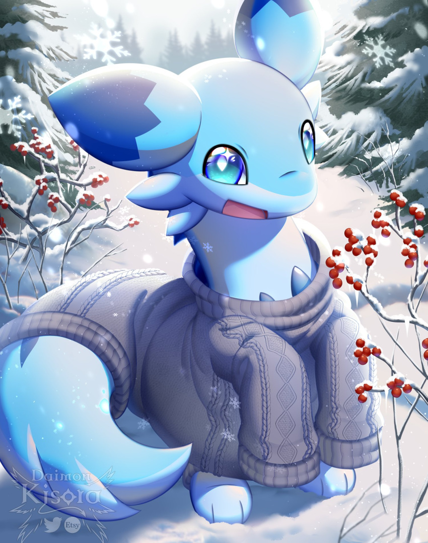 ambiguous_gender blue_body blue_eyes chillet clothed clothing daimonkisora dragon feral hi_res mythological_creature mythological_scalie mythology outside pal_(species) palworld pocketpair scalie side_mouth smile snow solo tail