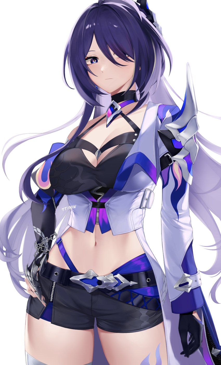 absurdres acheron_(honkai:_star_rail) belt black_belt black_choker black_shorts breasts chains choker cleavage coat commentary cowboy_shot crop_top female hair_ornament highres honkai:_star_rail honkai_(series) kotneo long_hair long_sleeves looking_at_viewer medium_breasts midriff multicolored_hair navel purple_eyes purple_hair short_shorts shorts simple_background single_bare_shoulder solo standing stomach streaked_hair thighs very_long_hair white_background white_coat