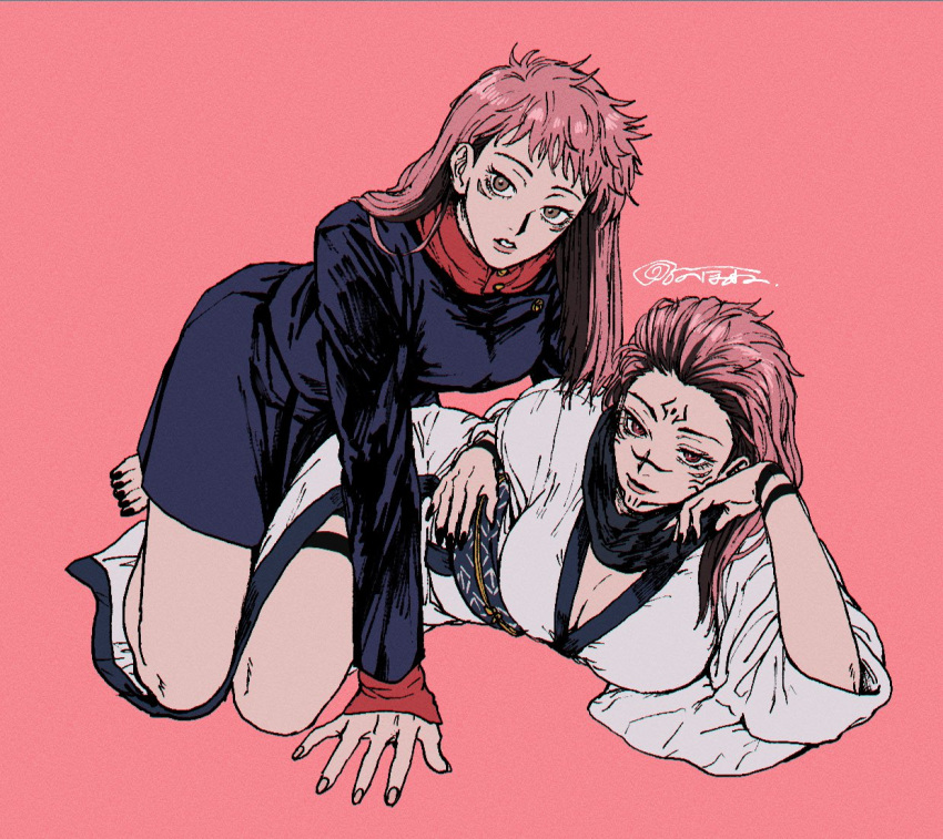 2girls arm_support arm_tattoo black_nails blue_shirt brown_eyes commentary_request extra_eyes facial_tattoo full_body genderswap_(mtf) itadori_yuuji japanese_clothes jujutsu_kaisen kimono long_hair looking_at_viewer lying multiple_girls nail_polish on_side pink_background pink_hair red_eyes rose_00291 rule_63 ryoumen_sukuna_(jujutsu_kaisen) shirt signature simple_background tattoo toenail_polish toenails white_kimono