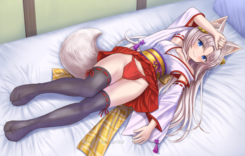 animal_ear_fluff animal_ears arm_up bare_shoulders bed bell black_thighhighs blue_eyes blush closed_mouth detached_sleeves female fox_ears fox_girl fox_tail full_body fundoshi grey_hair groin hair_bell hair_between_eyes hair_ornament highres indoors iroha_(iroha_matsurika) japanese_clothes jingle_bell kimono long_hair long_sleeves looking_at_viewer lying no_shoes nontraditional_miko obi on_back on_bed original parted_bangs pillow pleated_skirt red_skirt ribbon-trimmed_sleeves ribbon-trimmed_thighhighs ribbon_trim sarashi sash skirt sleeveless sleeveless_kimono smile solo tabi tail thighhighs twitter_username very_long_hair white_kimono white_sleeves wide_sleeves